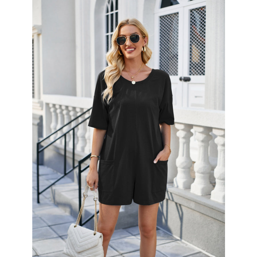 Lovelet Backless Pocketed Round Neck Half Sleeve Romper Black / S Apparel and Accessories