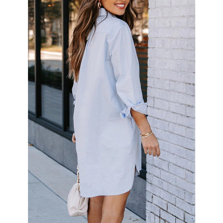 Lovelet Button Up Collared Neck Long Sleeve Shirt Dress Misty Blue / S Apparel and Accessories