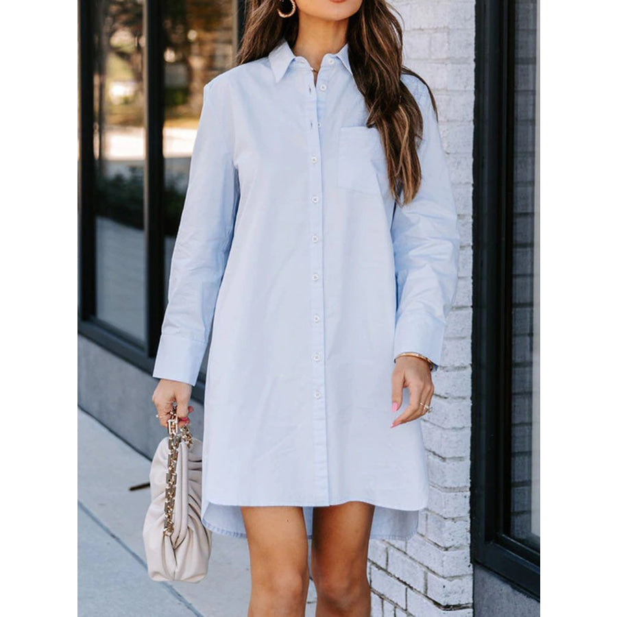 Lovelet Button Up Collared Neck Long Sleeve Shirt Dress Misty Blue / S Apparel and Accessories