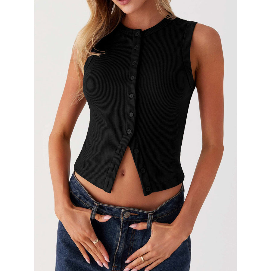 Lovelet Button Up Round Neck Tank Black / S Apparel and Accessories