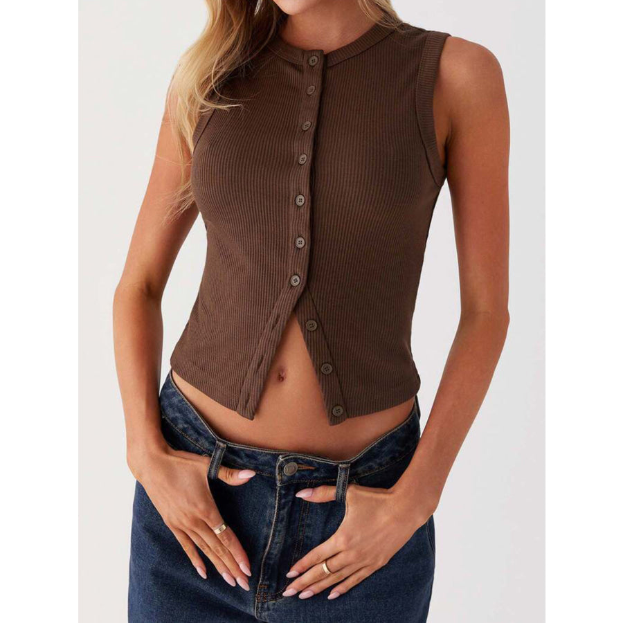 Lovelet Button Up Round Neck Tank Coffee Brown / S Apparel and Accessories