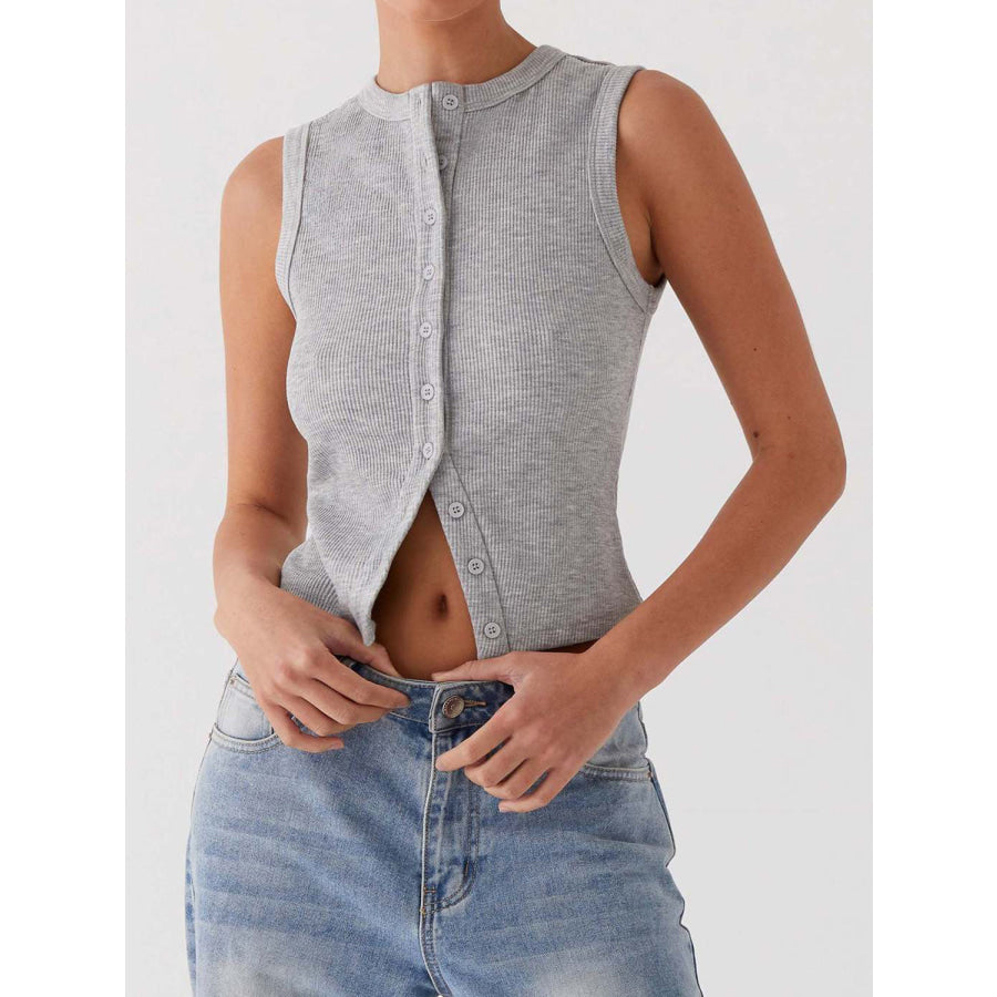 Lovelet Button Up Round Neck Tank Gray / S Apparel and Accessories