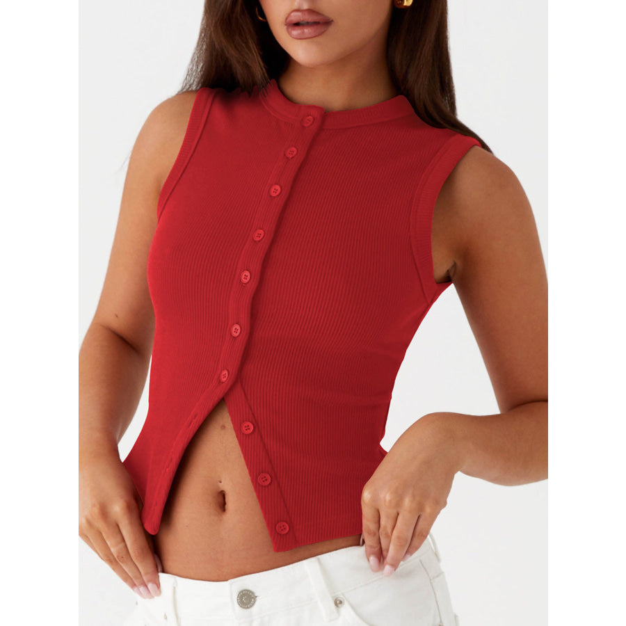 Lovelet Button Up Round Neck Tank Scarlet / S Apparel and Accessories