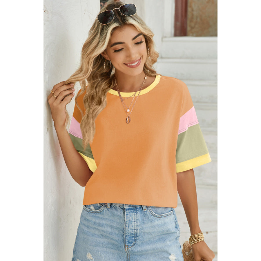 Lovelet Color Block Round Neck Half Sleeve T-Shirt Mustard / S Apparel and Accessories