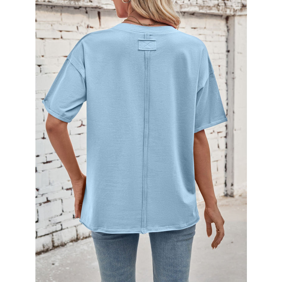 Lovelet Exposed Seam Round Neck Half Sleeve T-Shirt Apparel and Accessories