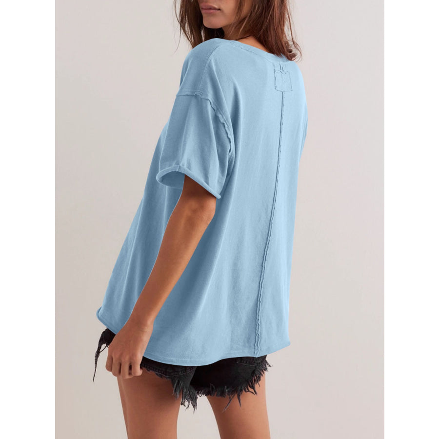 Lovelet Exposed Seam Round Neck Half Sleeve T-Shirt Light Blue / S Apparel and Accessories