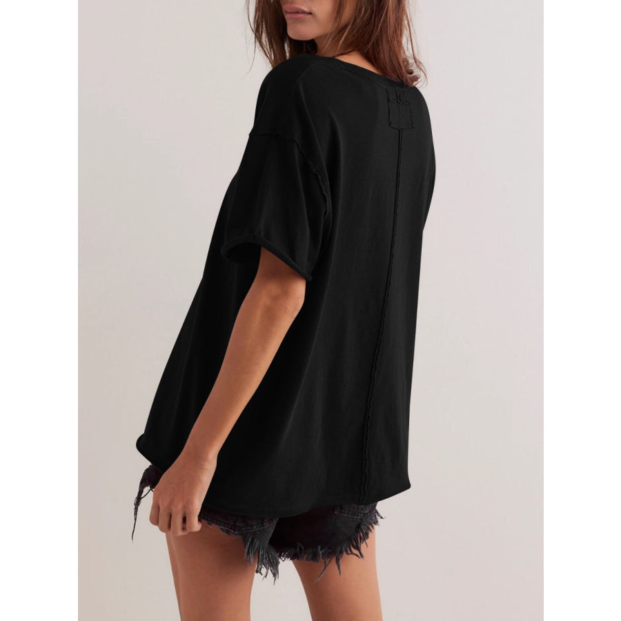 Lovelet Exposed Seam Round Neck Half Sleeve T-Shirt Apparel and Accessories