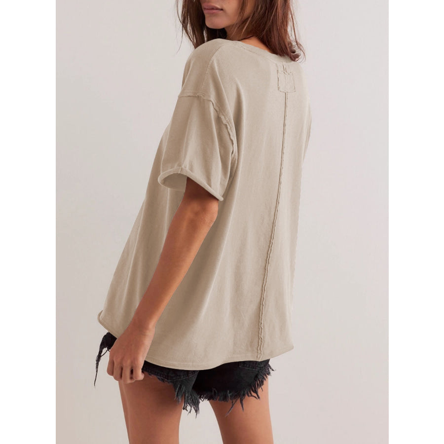 Lovelet Exposed Seam Round Neck Half Sleeve T-Shirt Apparel and Accessories