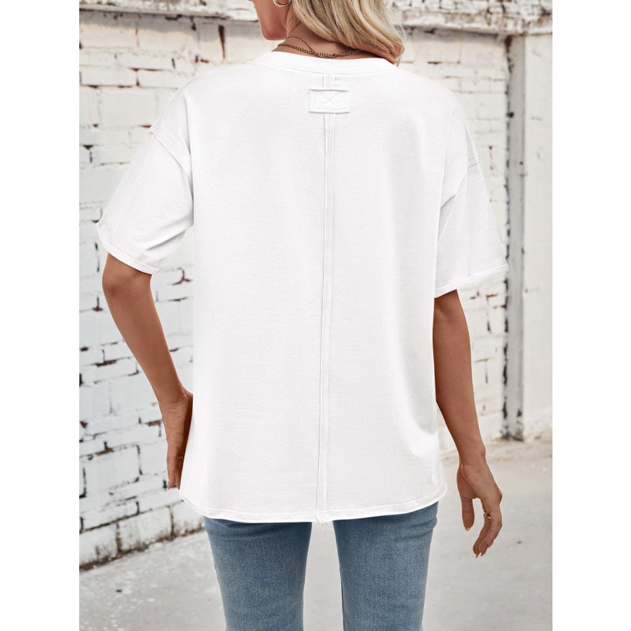 Lovelet Exposed Seam Round Neck Half Sleeve T-Shirt Apparel and Accessories