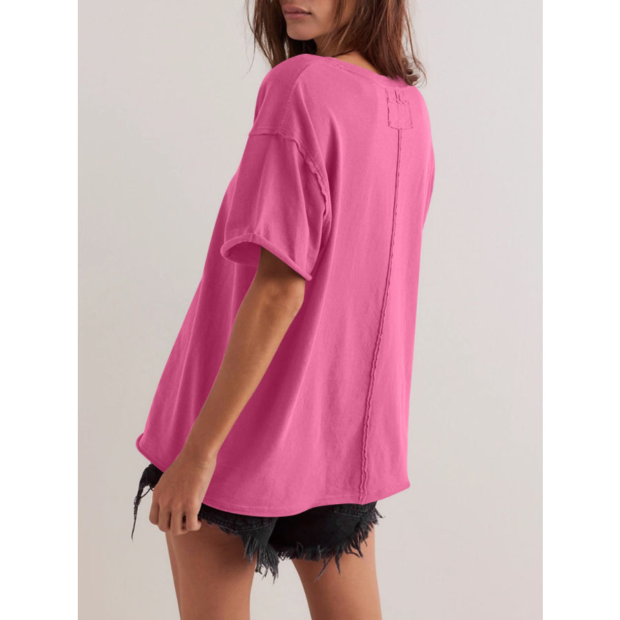 Lovelet Exposed Seam Round Neck Half Sleeve T-Shirt Apparel and Accessories