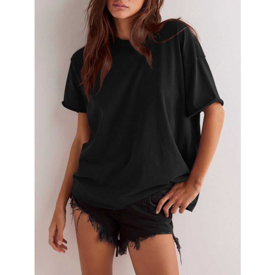 Lovelet Exposed Seam Round Neck Half Sleeve T-Shirt Apparel and Accessories