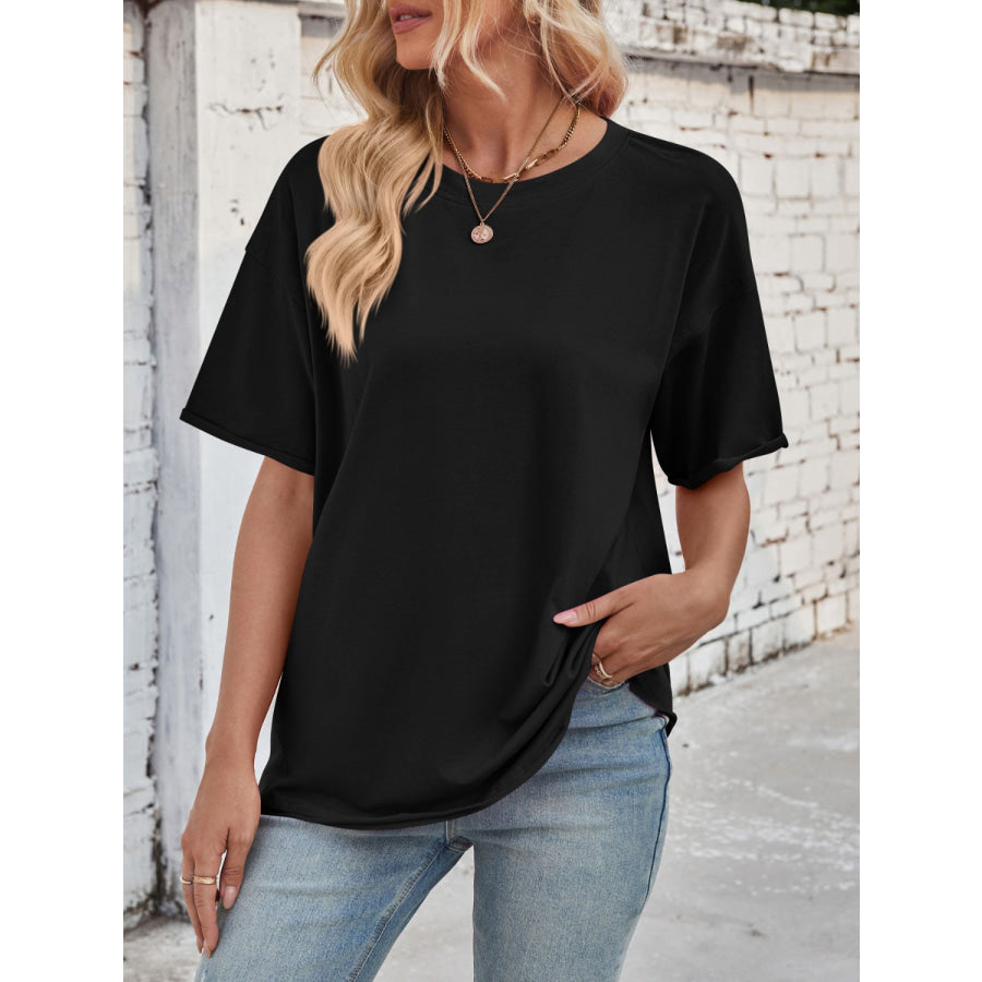 Lovelet Exposed Seam Round Neck Half Sleeve T-Shirt Black / S Apparel and Accessories