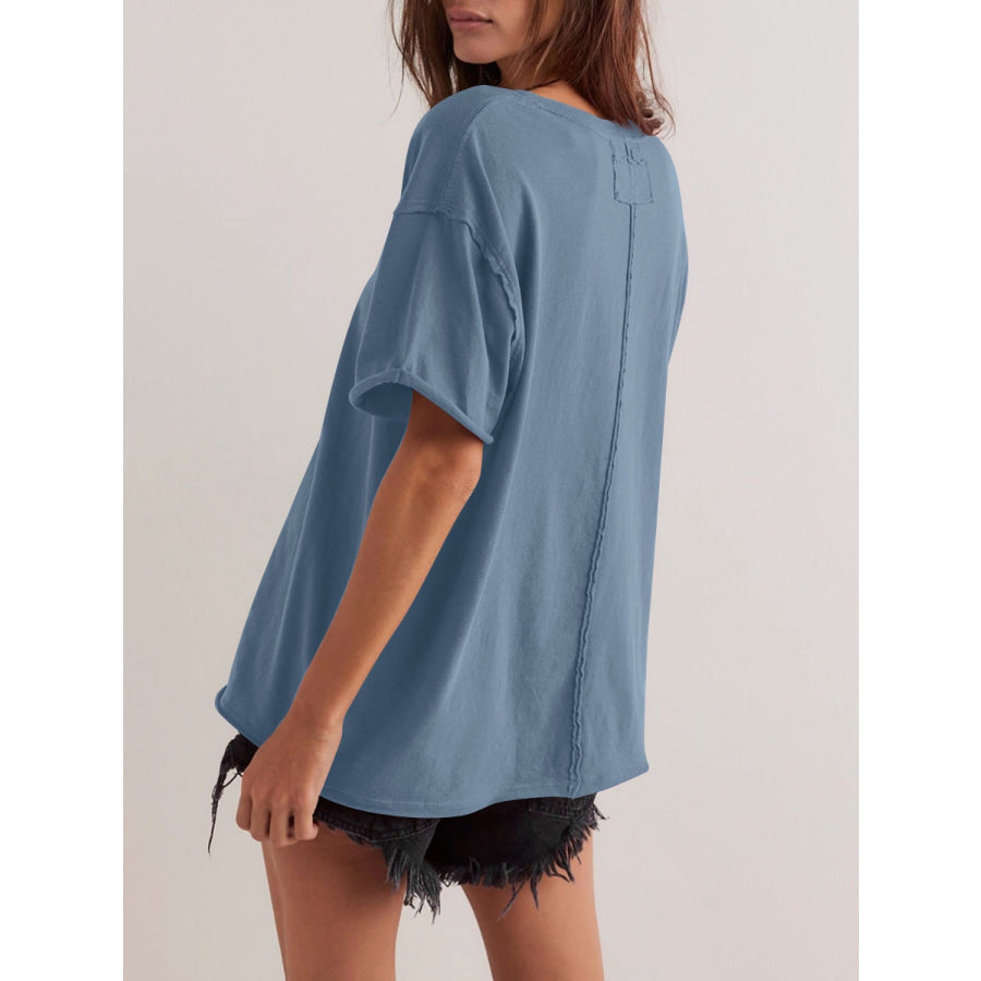 Lovelet Exposed Seam Round Neck Half Sleeve T-Shirt Dusty Blue / S Apparel and Accessories