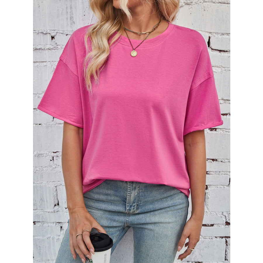 Lovelet Exposed Seam Round Neck Half Sleeve T-Shirt Hot Pink / S Apparel and Accessories