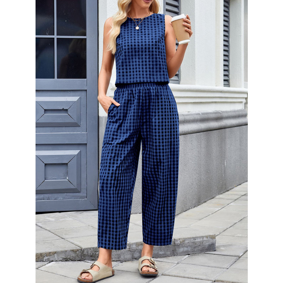 Lovelet Plaid Round Neck Sleeveless Top and Pants Set Apparel and Accessories