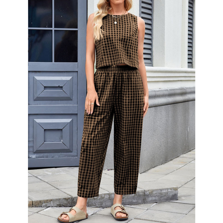 Lovelet Plaid Round Neck Sleeveless Top and Pants Set Apparel and Accessories