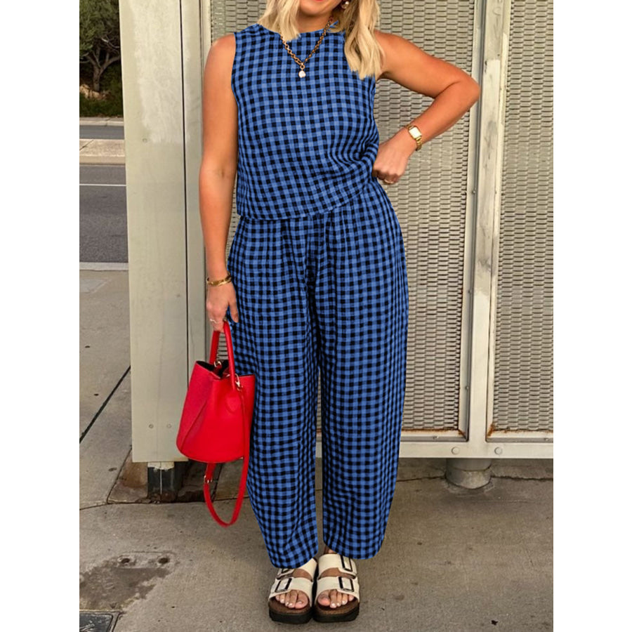 Lovelet Plaid Round Neck Sleeveless Top and Pants Set Apparel and Accessories