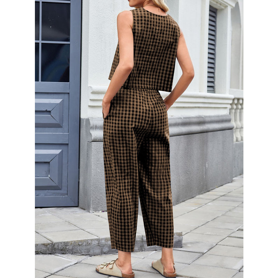 Lovelet Plaid Round Neck Sleeveless Top and Pants Set Apparel and Accessories