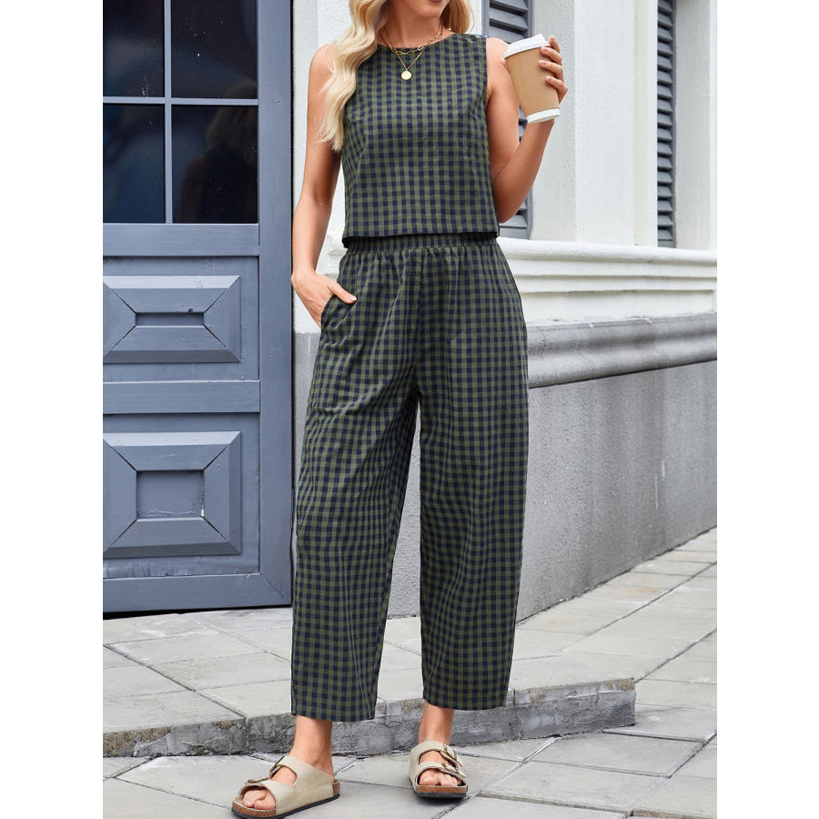 Lovelet Plaid Round Neck Sleeveless Top and Pants Set Apparel and Accessories