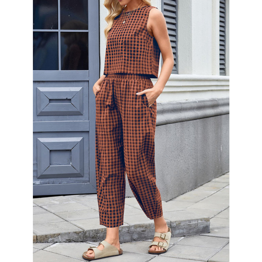 Lovelet Plaid Round Neck Sleeveless Top and Pants Set Apparel and Accessories