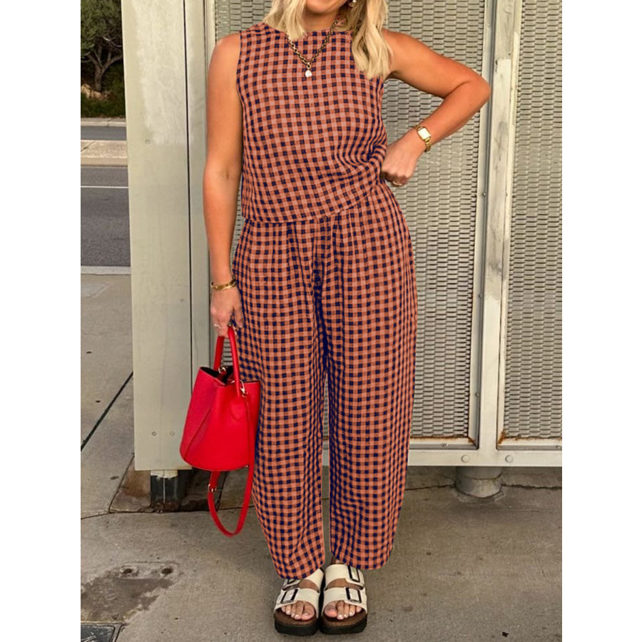 Lovelet Plaid Round Neck Sleeveless Top and Pants Set Apparel and Accessories