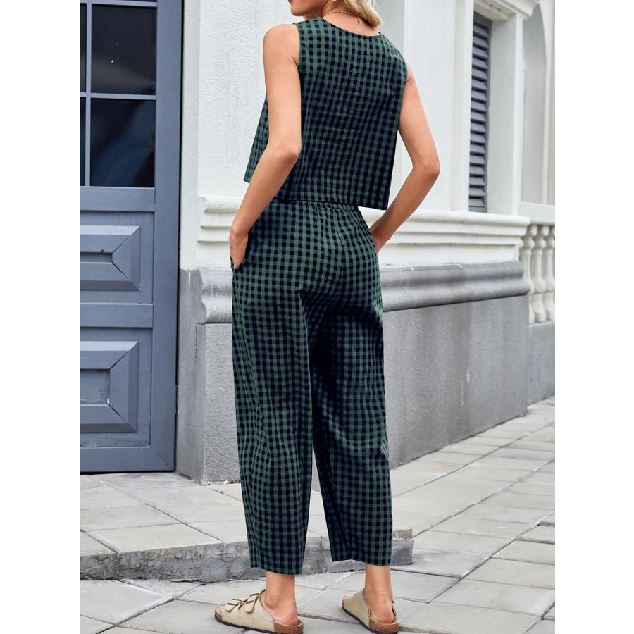 Lovelet Plaid Round Neck Sleeveless Top and Pants Set Apparel and Accessories