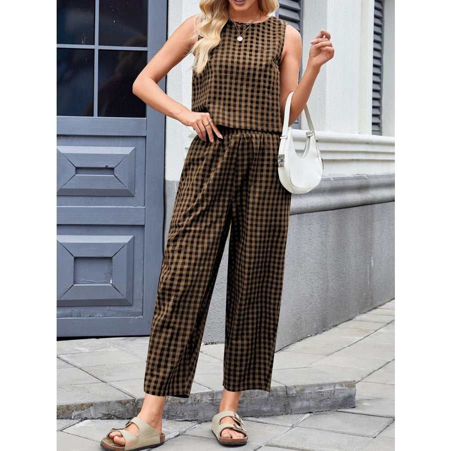 Lovelet Plaid Round Neck Sleeveless Top and Pants Set Apparel and Accessories