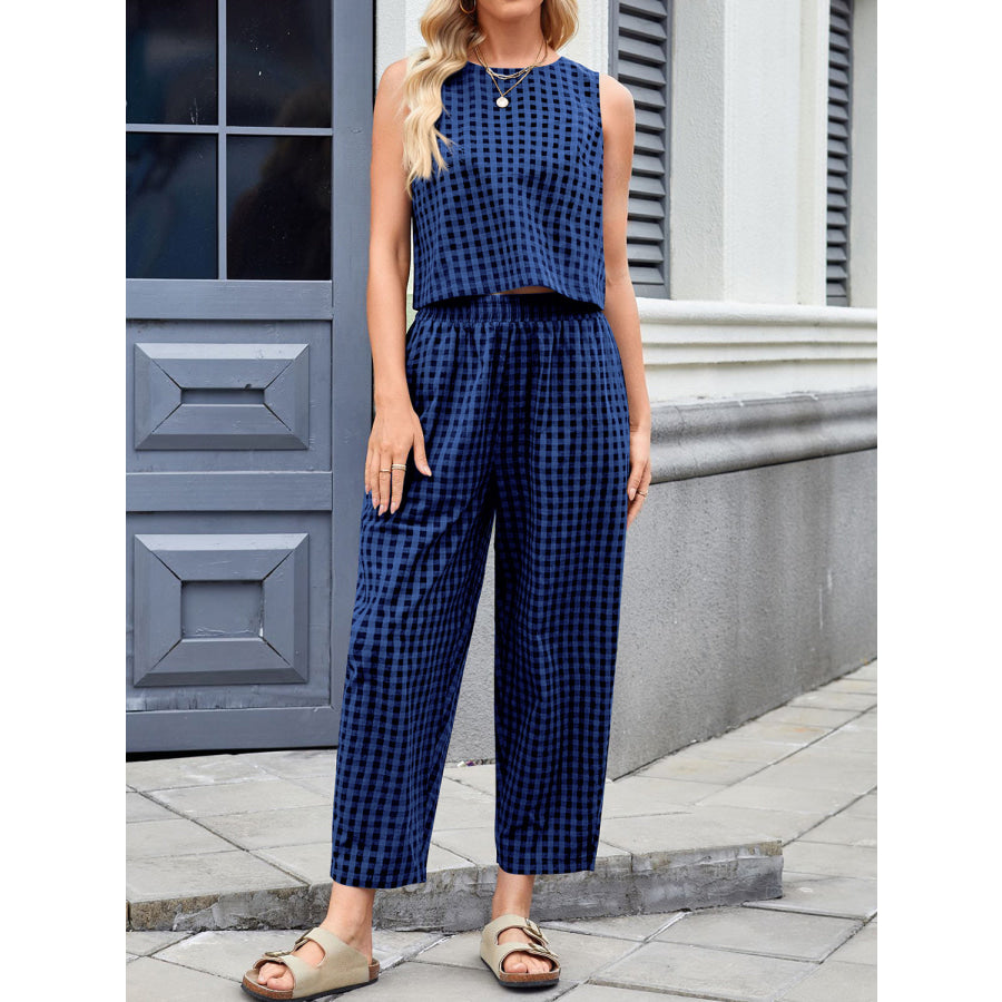 Lovelet Plaid Round Neck Sleeveless Top and Pants Set Apparel and Accessories