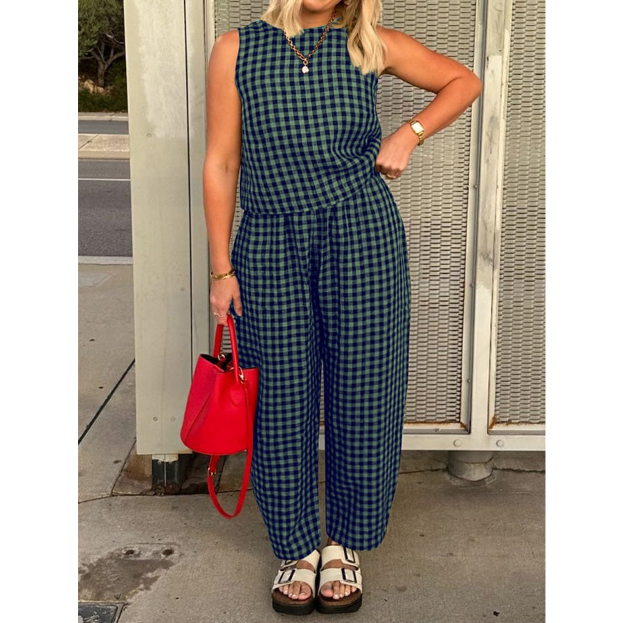 Lovelet Plaid Round Neck Sleeveless Top and Pants Set Dark Green / S Apparel and Accessories