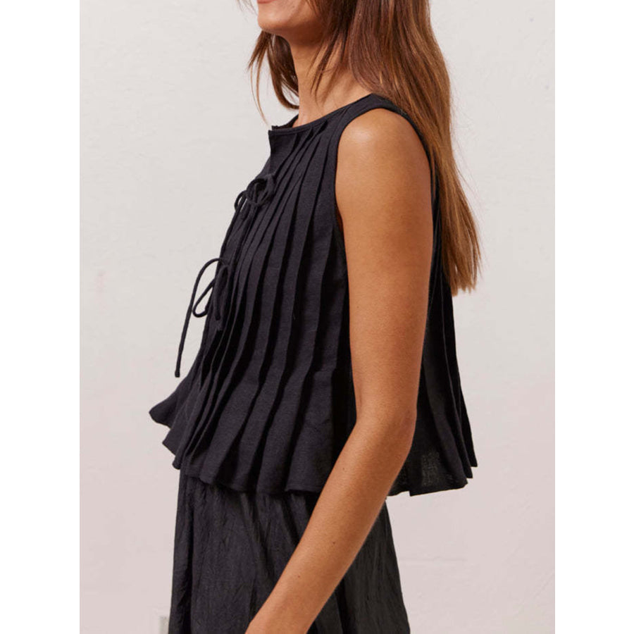 Lovelet Pleated Tied Round Neck Vest Apparel and Accessories