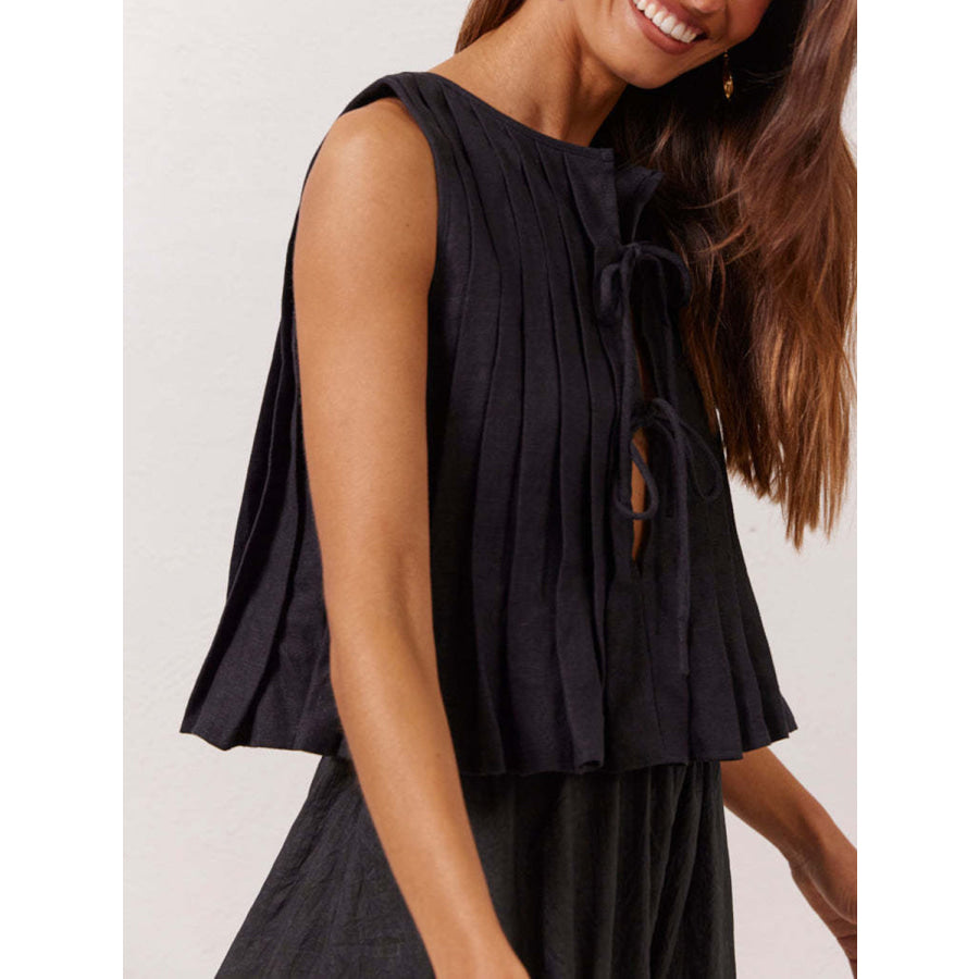 Lovelet Pleated Tied Round Neck Vest Apparel and Accessories