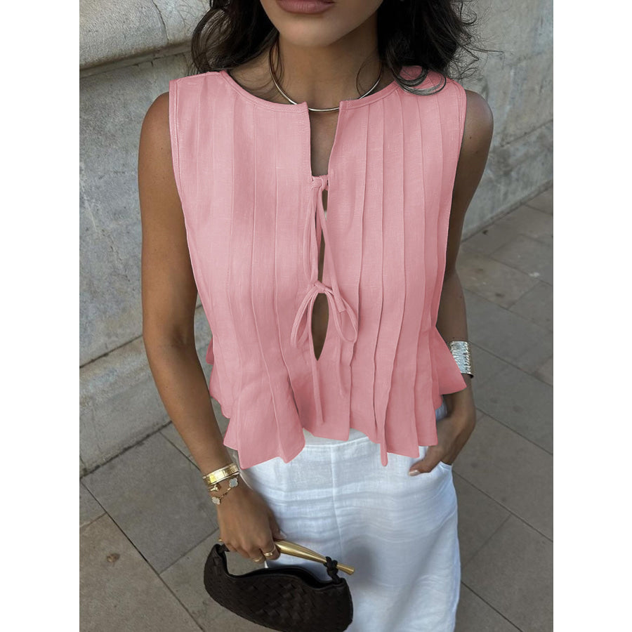 Lovelet Pleated Tied Round Neck Vest Apparel and Accessories