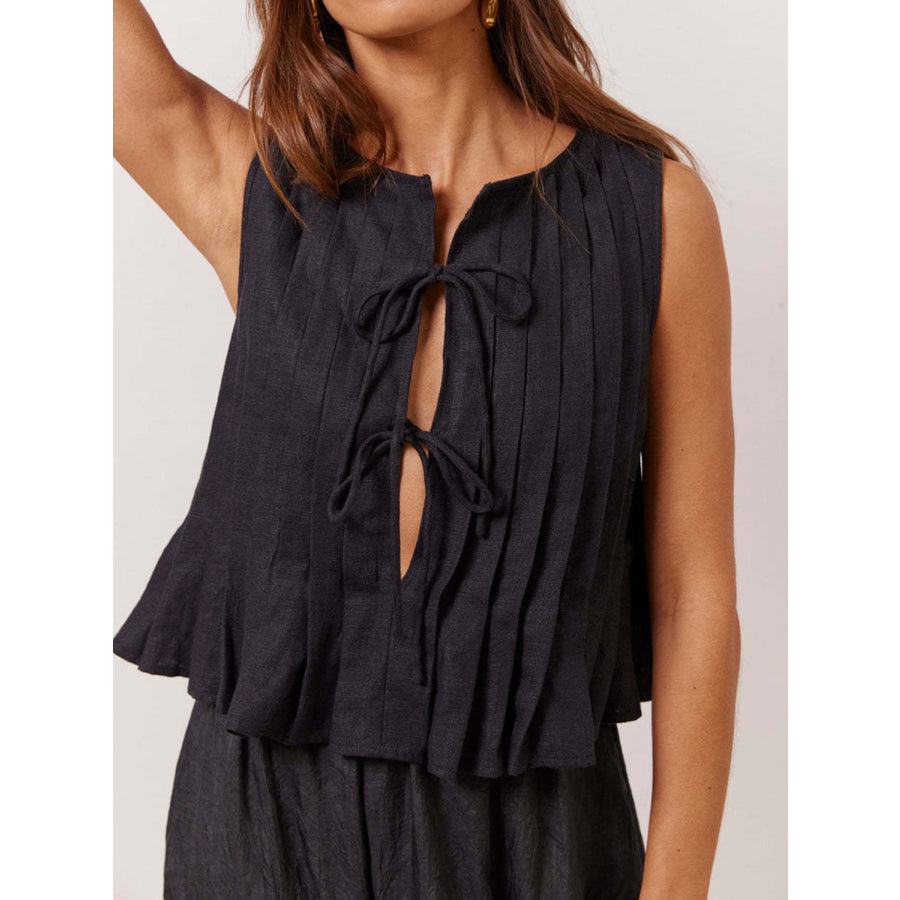 Lovelet Pleated Tied Round Neck Vest Black / S Apparel and Accessories