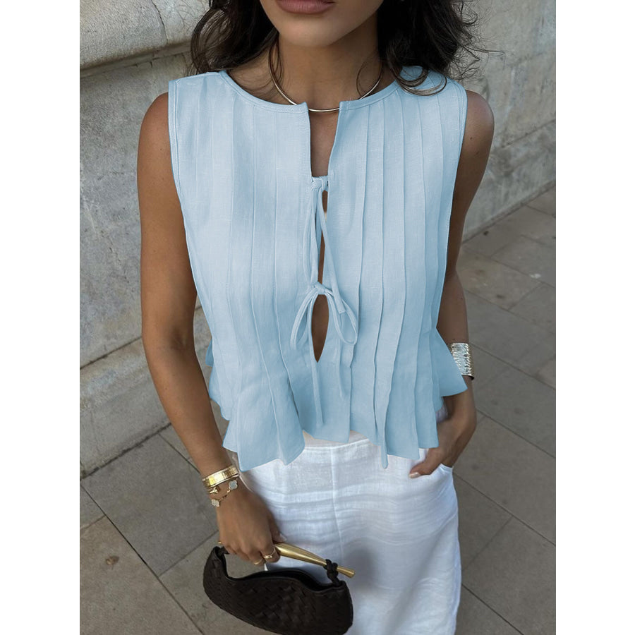 Lovelet Pleated Tied Round Neck Vest Pastel Blue / S Apparel and Accessories