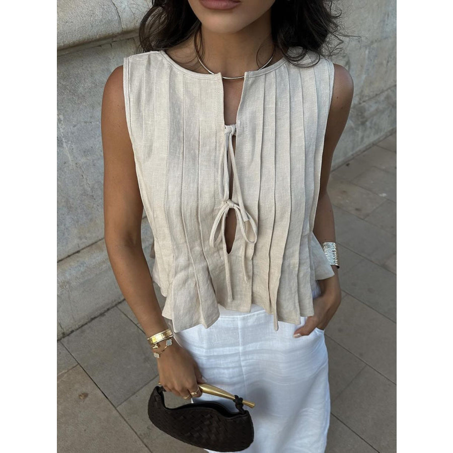 Lovelet Pleated Tied Round Neck Vest Tan / S Apparel and Accessories