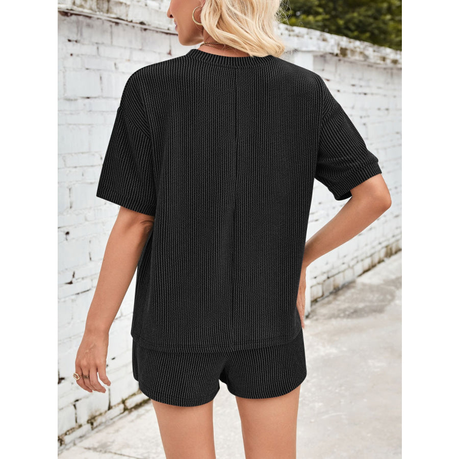 Lovelet Round Neck Half Sleeve Top and Drawstring Shorts Set Black / S Apparel and Accessories