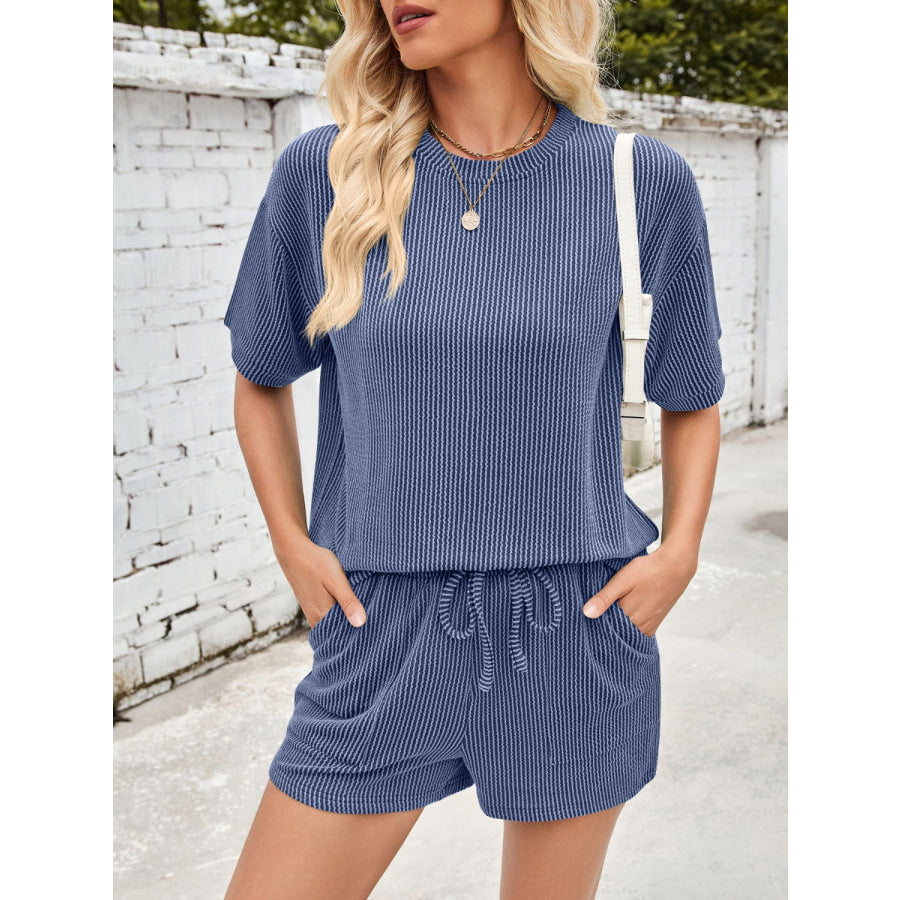 Lovelet Round Neck Half Sleeve Top and Drawstring Shorts Set Light Indigo / S Apparel and Accessories