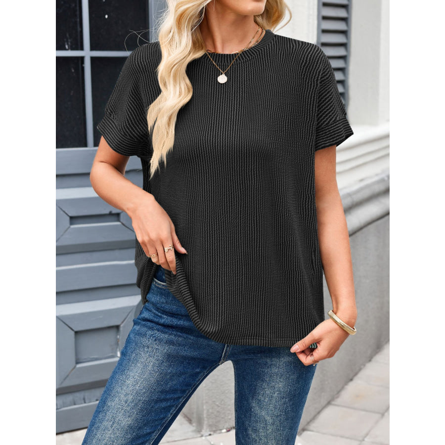 Lovelet Round Neck Short Sleeve Rib T-Shirt Black / S Apparel and Accessories