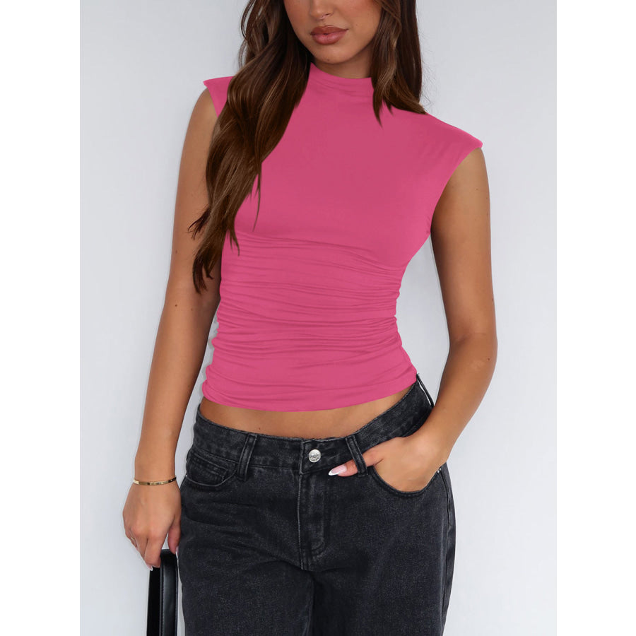 Lovelet Ruched Mock Neck Tank Hot Pink / S Apparel and Accessories