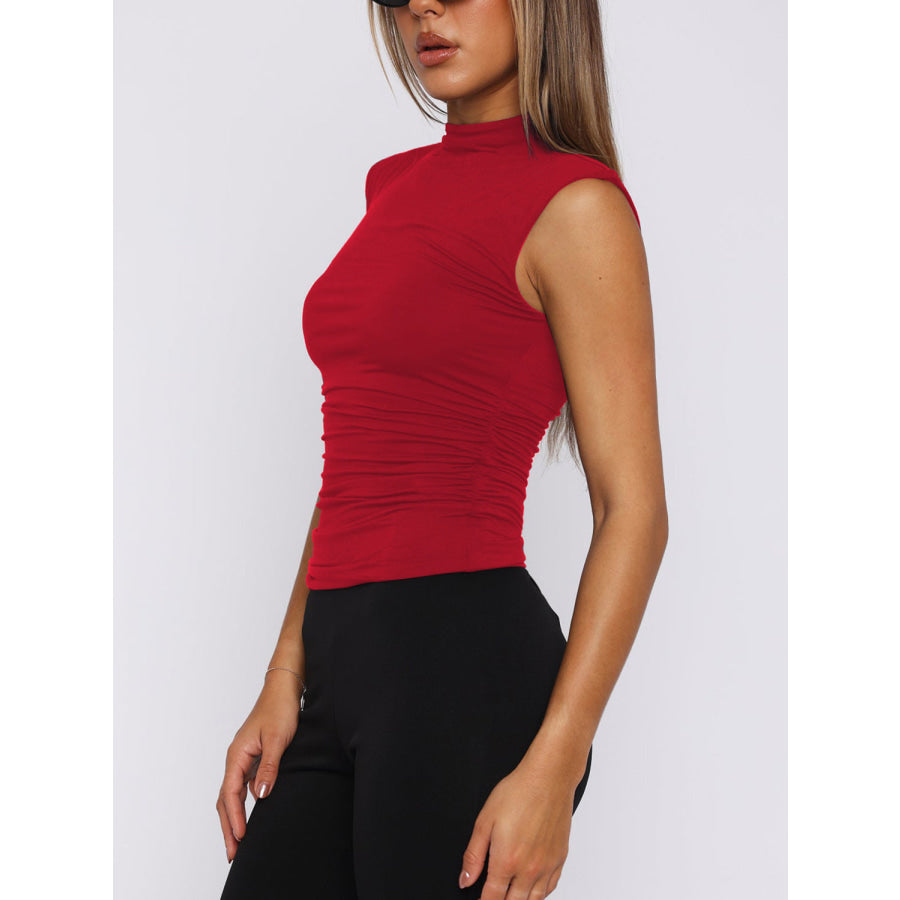 Lovelet Ruched Mock Neck Tank Orange-Red / S Apparel and Accessories