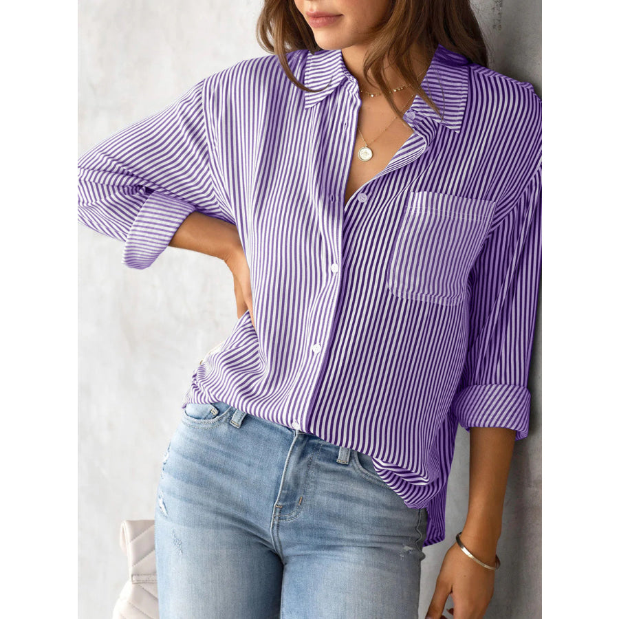 Lovelet Striped Collared Neck Shirt with Pocket Apparel and Accessories