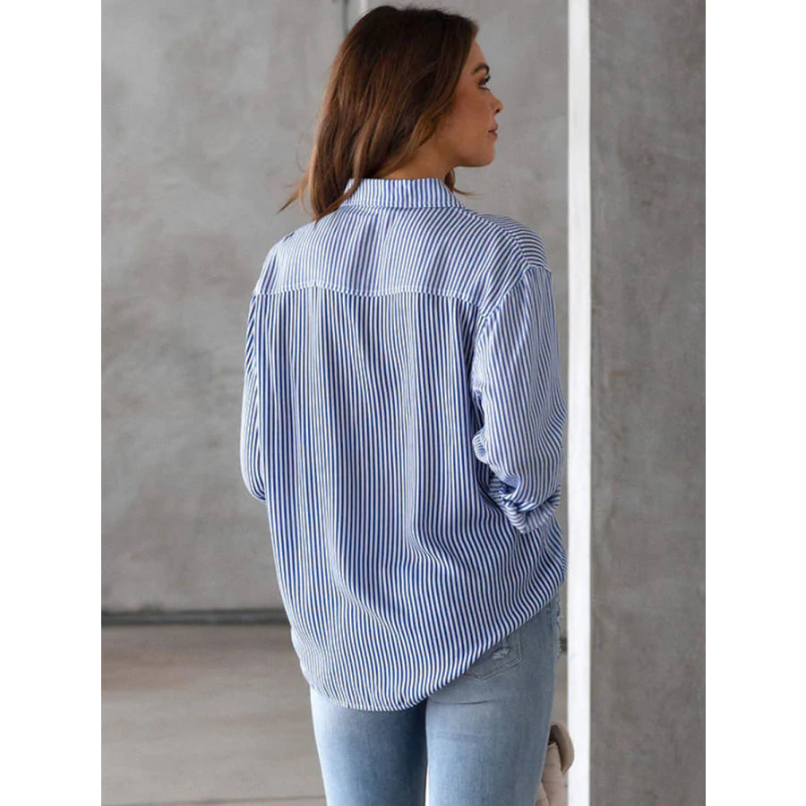 Lovelet Striped Collared Neck Shirt with Pocket Apparel and Accessories