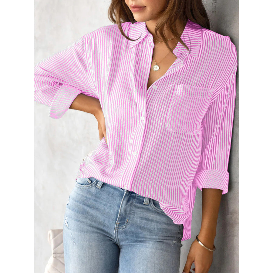 Lovelet Striped Collared Neck Shirt with Pocket Apparel and Accessories