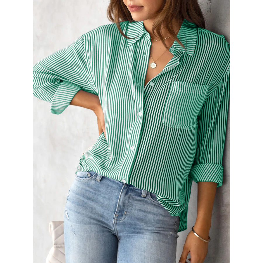 Lovelet Striped Collared Neck Shirt with Pocket Apparel and Accessories