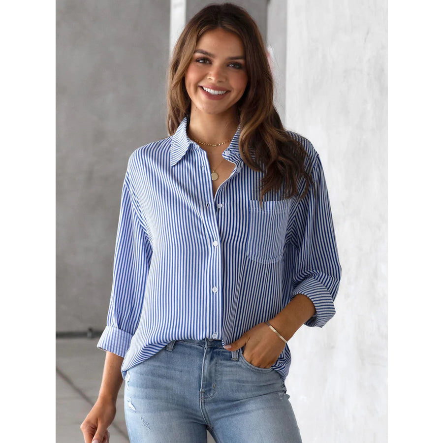 Lovelet Striped Collared Neck Shirt with Pocket Apparel and Accessories