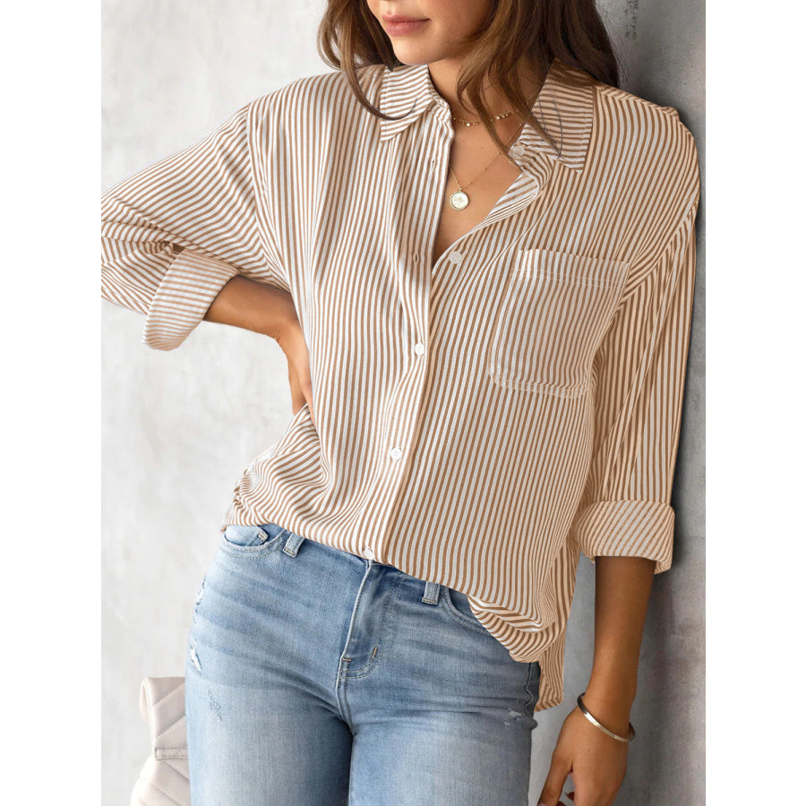 Lovelet Striped Collared Neck Shirt with Pocket Apparel and Accessories