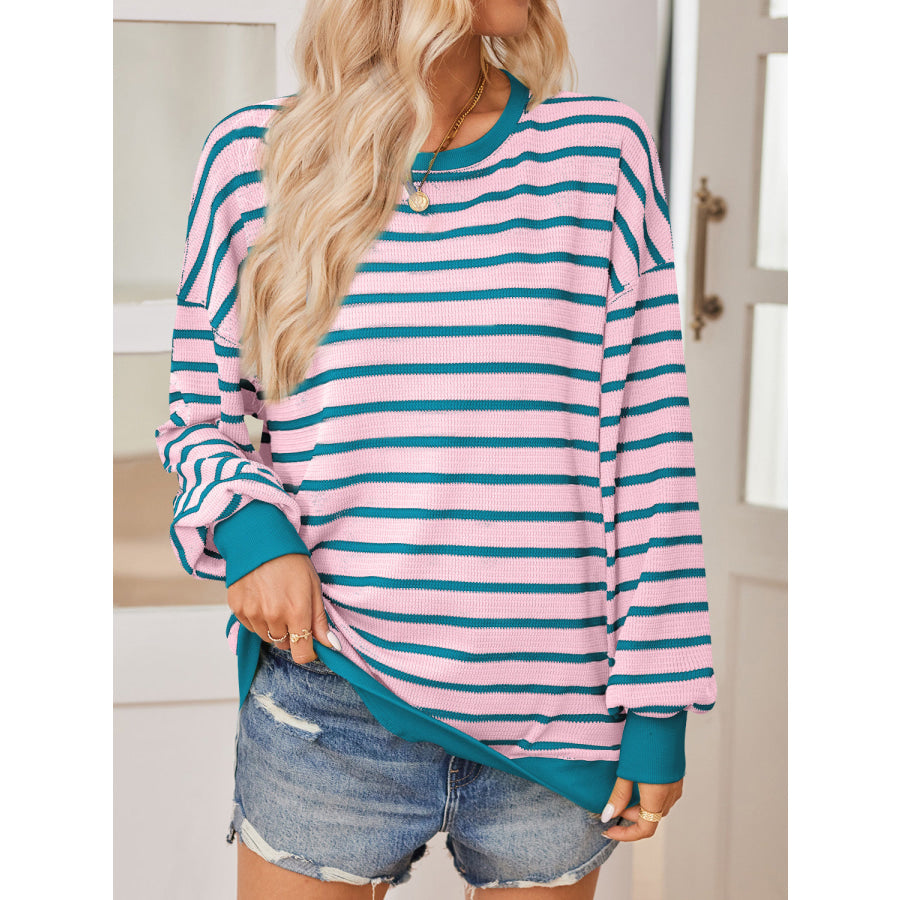 Lovelet Striped Contrast Long Sleeve Sweatshirt Dusty Pink / S Apparel and Accessories