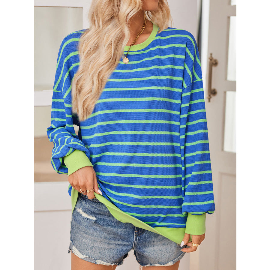 Lovelet Striped Contrast Long Sleeve Sweatshirt French Blue / S Apparel and Accessories