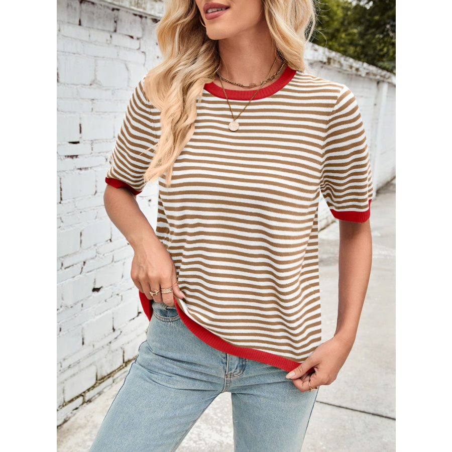 Lovelet Striped Contrast Round Neck Half Sleeve Knit Top Apparel and Accessories