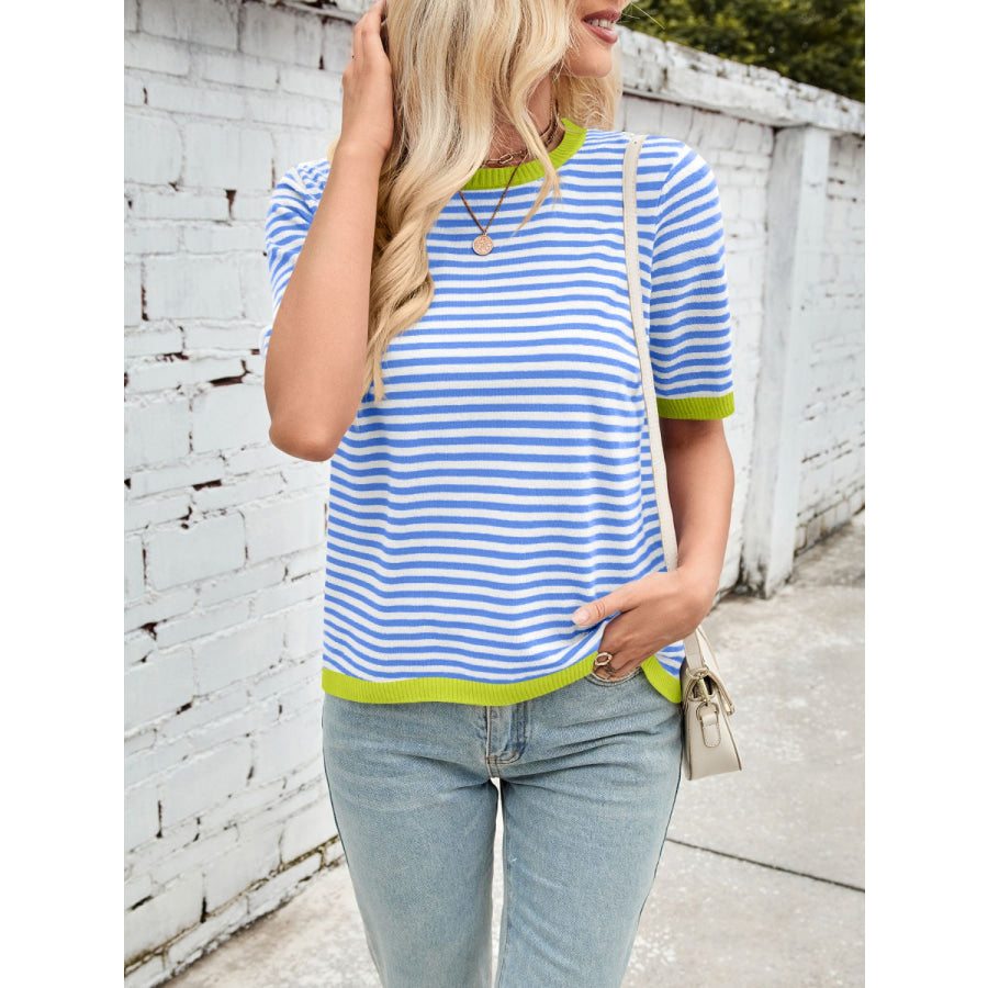 Lovelet Striped Contrast Round Neck Half Sleeve Knit Top Apparel and Accessories